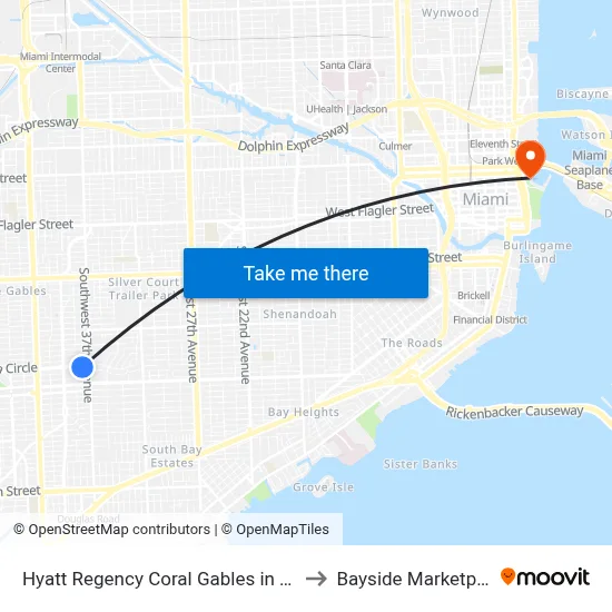 Hyatt Regency Coral Gables in Miami to Bayside Marketplace map