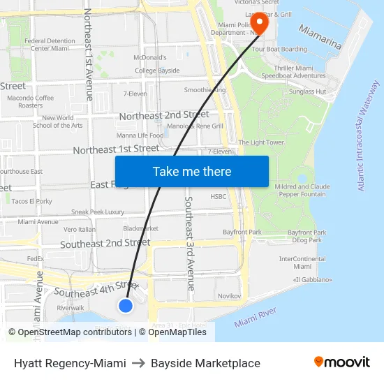 Hyatt Regency-Miami to Bayside Marketplace map