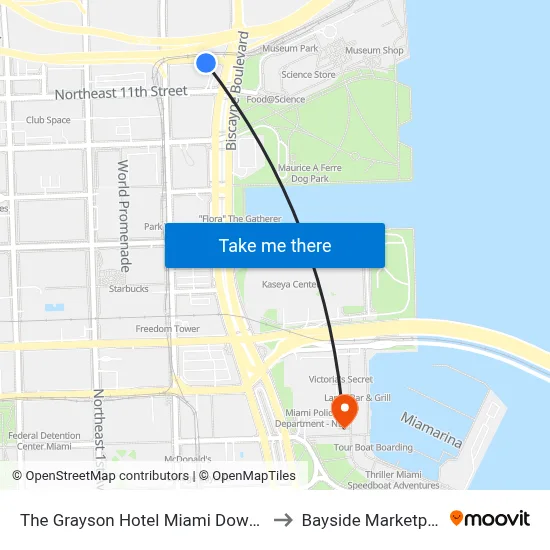 The Grayson Hotel Miami Downtown to Bayside Marketplace map