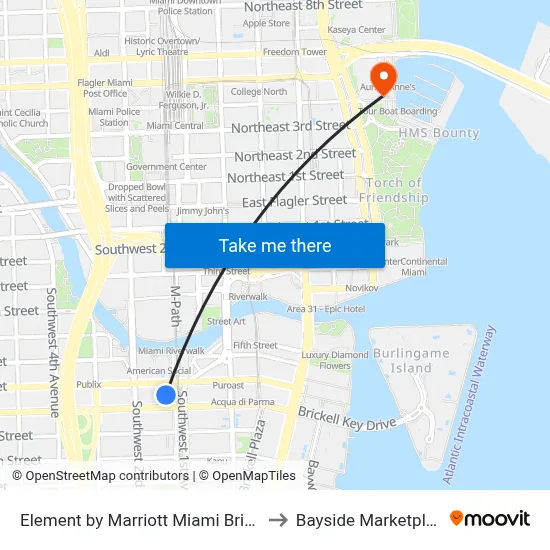 Element by Marriott Miami Brickell to Bayside Marketplace map