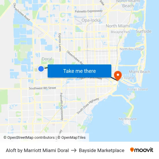 Aloft by Marriott Miami Doral to Bayside Marketplace map