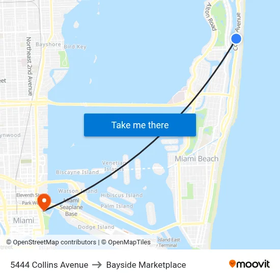 5444 Collins Avenue to Bayside Marketplace map