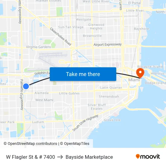 W Flagler St & # 7400 to Bayside Marketplace map