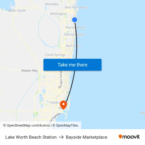 Lake Worth Beach Station to Bayside Marketplace map