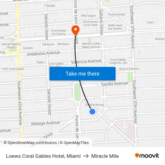 Loews Coral Gables Hotel, Miami to Miracle Mile map