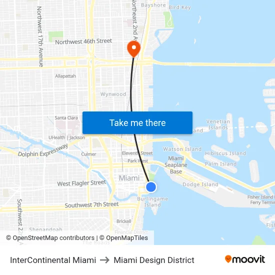 InterContinental Miami to Miami Design District map