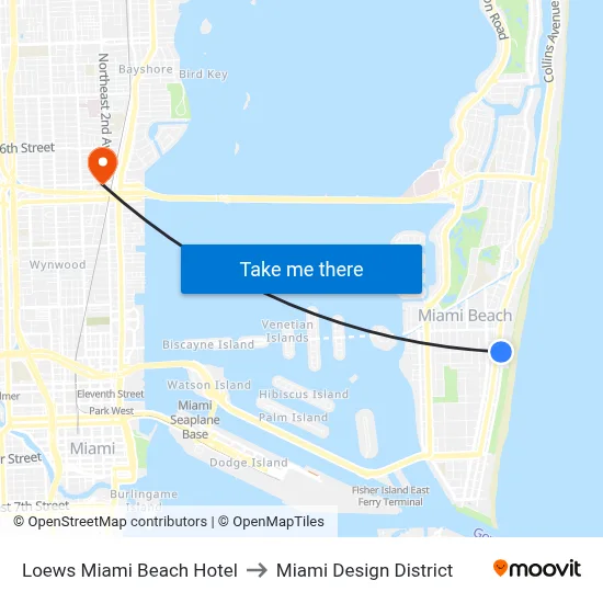 Loews Miami Beach Hotel to Miami Design District map