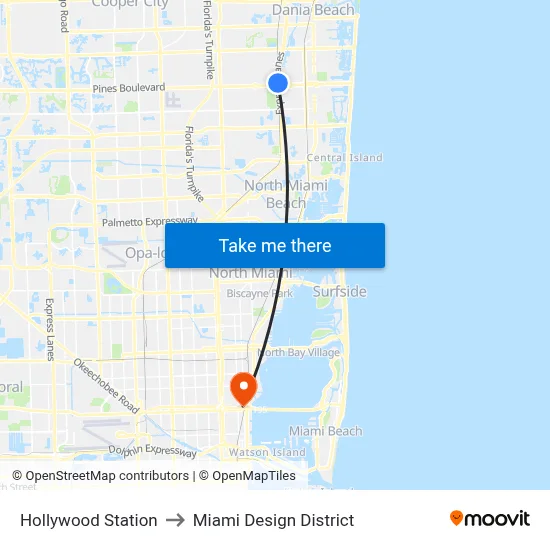 Hollywood Station to Miami Design District map