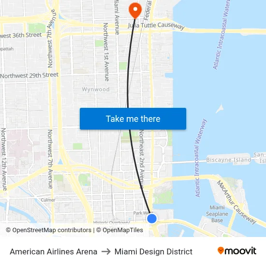 American Airlines Arena to Miami Design District map
