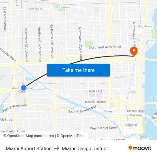 Miami Airport Station to Miami Design District map