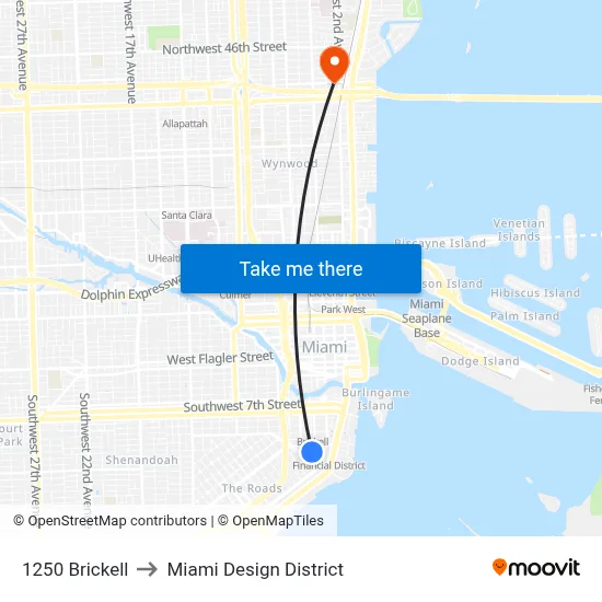 1250 Brickell to Miami Design District map