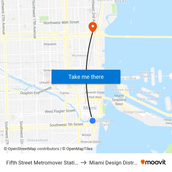 Fifth Street Metromover Station to Miami Design District map