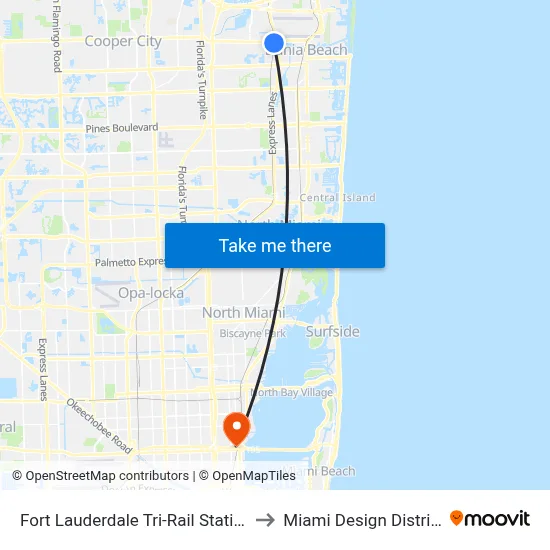 Fort Lauderdale Tri-Rail Station to Miami Design District map