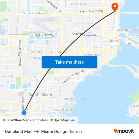 Dadeland Mall to Miami Design District map