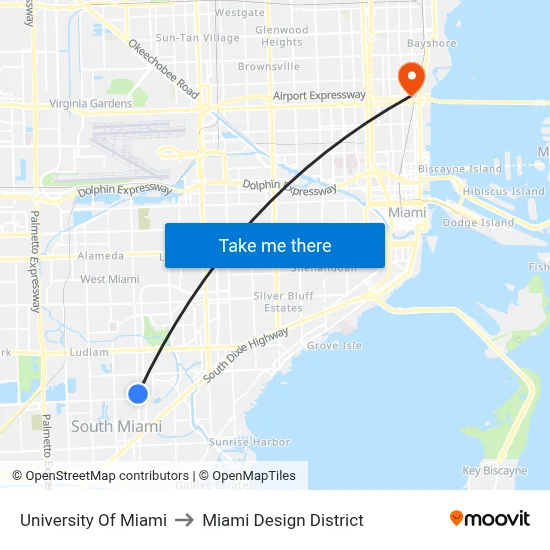 University Of Miami to Miami Design District map