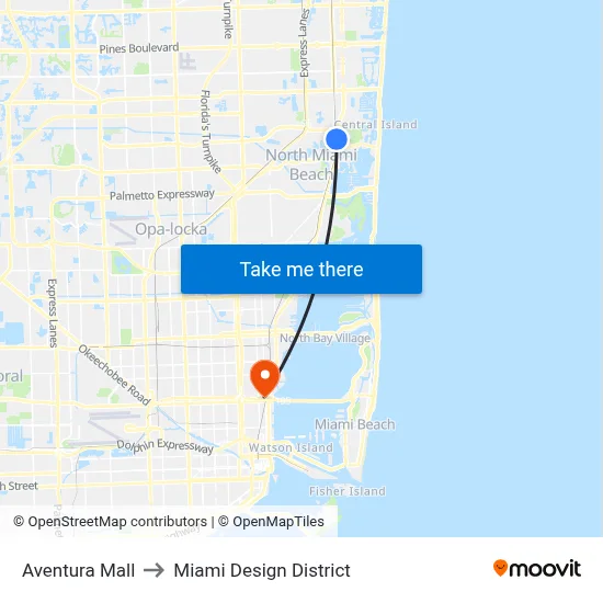 Aventura Mall to Miami Design District map