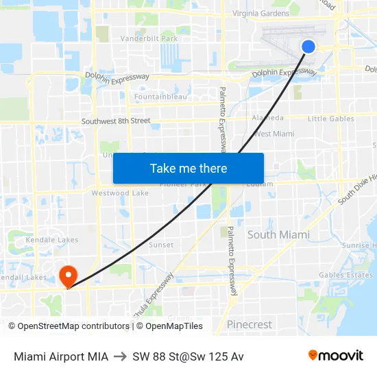 Miami Airport MIA to SW 88 St@Sw 125 Av map