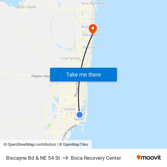 Biscayne Bd & NE 54 St to Boca Recovery Center map