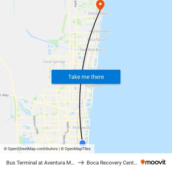 Bus Terminal at Aventura Mall to Boca Recovery Center map