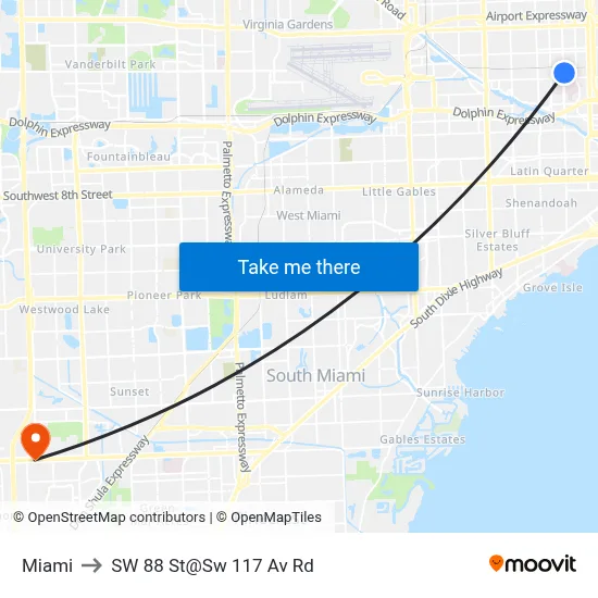 Miami to SW 88 St@Sw 117 Av Rd map