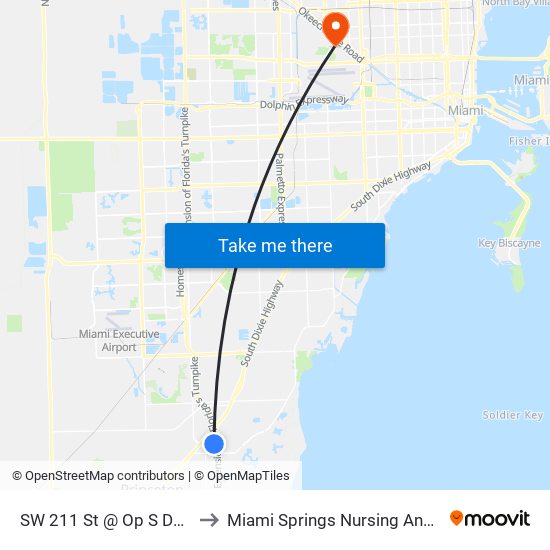 SW 211 St @ Op S Dade Govt Ctr to Miami Springs Nursing And Rehab Center map