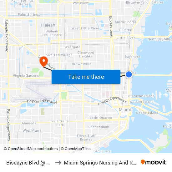 Biscayne Blvd @ NE 36 St to Miami Springs Nursing And Rehab Center map