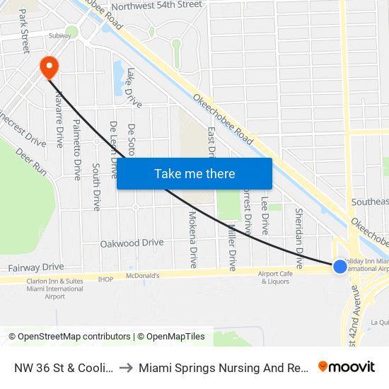 NW 36 St & Coolidge Dr to Miami Springs Nursing And Rehab Center map