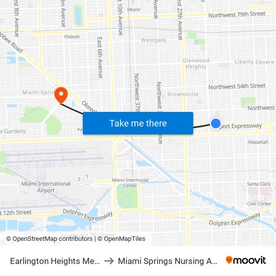 Earlington Heights Metrorail Station to Miami Springs Nursing And Rehab Center map