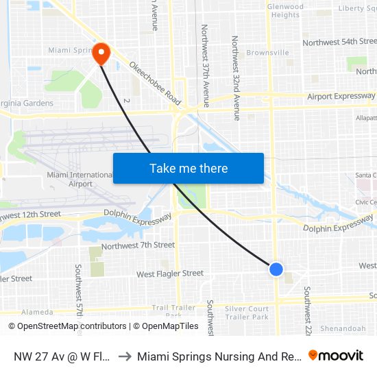 NW 27 Av @ W Flagler St to Miami Springs Nursing And Rehab Center map