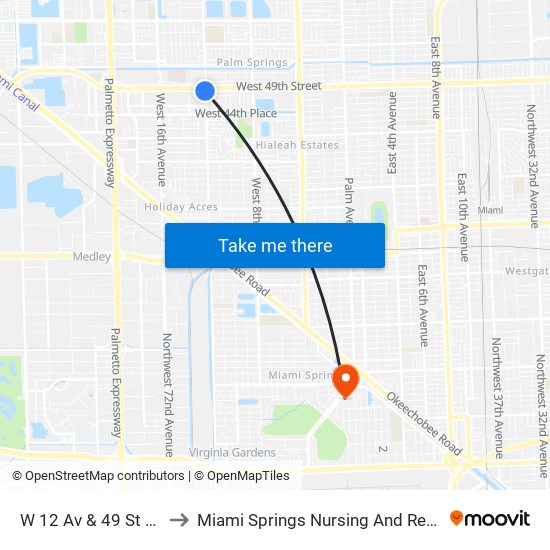 W 12 Av & 49 St Hialeah to Miami Springs Nursing And Rehab Center map