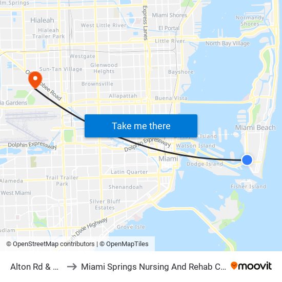 Alton Rd & 6 St to Miami Springs Nursing And Rehab Center map