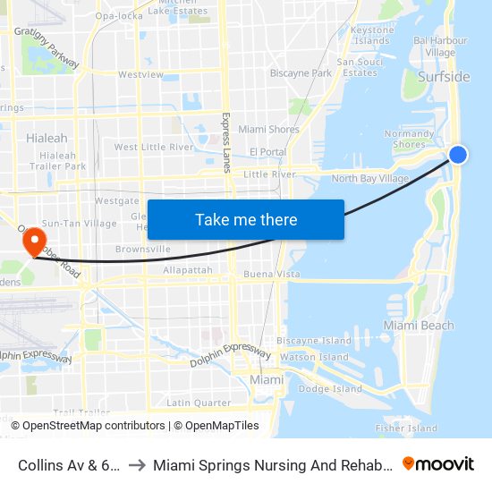 Collins Av & 69 St to Miami Springs Nursing And Rehab Center map