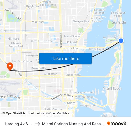 Harding Av & 72 St to Miami Springs Nursing And Rehab Center map