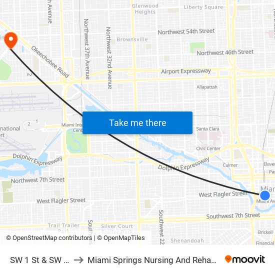 SW 1 St & SW 1 Av to Miami Springs Nursing And Rehab Center map