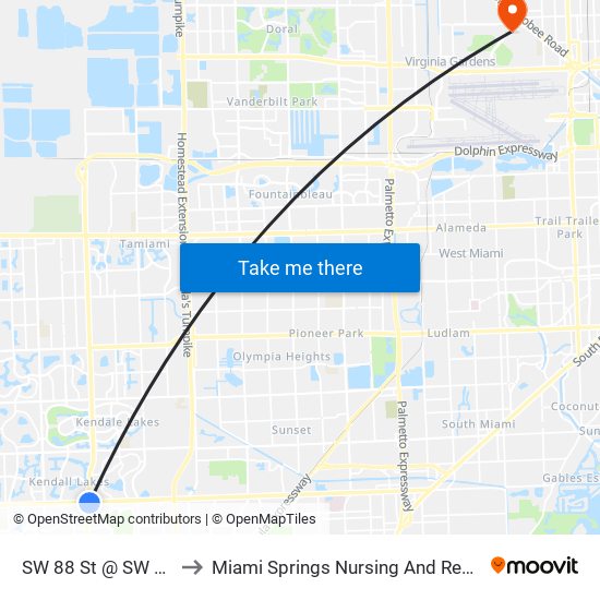 SW 88 St @ SW 137 Av to Miami Springs Nursing And Rehab Center map