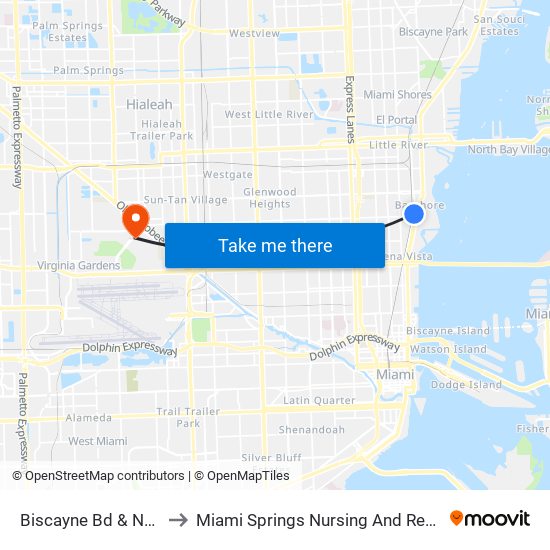 Biscayne Bd & NE 54 St to Miami Springs Nursing And Rehab Center map