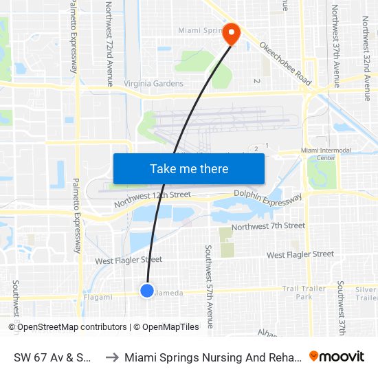 SW 67 Av & SW 8 St to Miami Springs Nursing And Rehab Center map