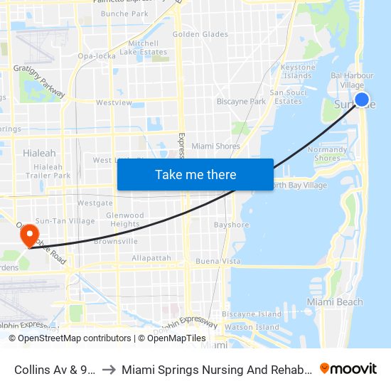 Collins Av & 94 St to Miami Springs Nursing And Rehab Center map