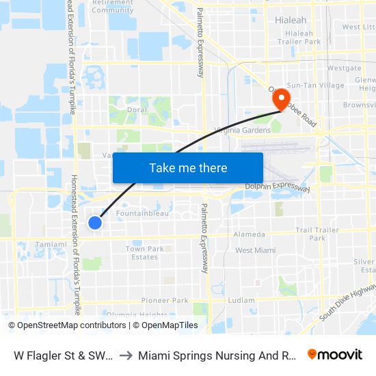 W Flagler St & SW 112 Av to Miami Springs Nursing And Rehab Center map