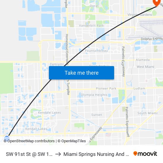 SW 91st St @ SW 162nd Ave to Miami Springs Nursing And Rehab Center map