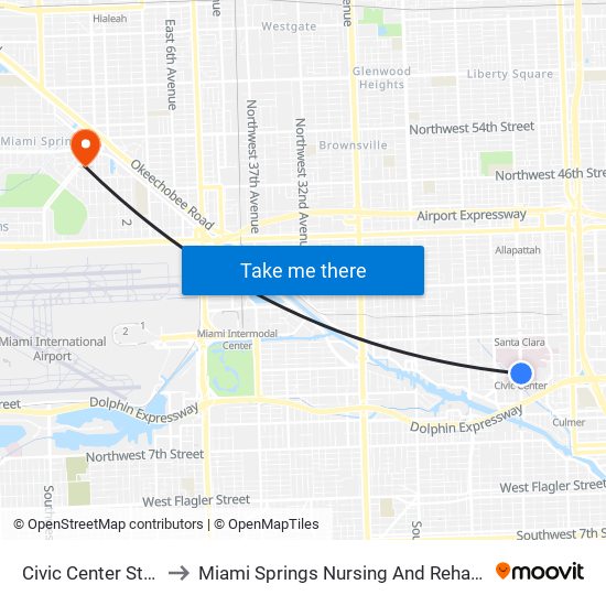 Civic Center Station to Miami Springs Nursing And Rehab Center map