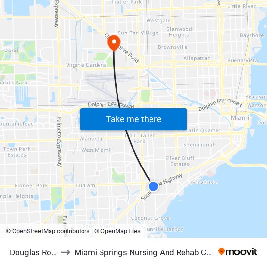 Douglas Road to Miami Springs Nursing And Rehab Center map