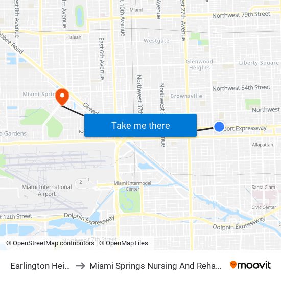 Earlington Heights to Miami Springs Nursing And Rehab Center map