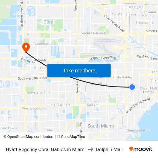 Hyatt Regency Coral Gables in Miami to Dolphin Mall map