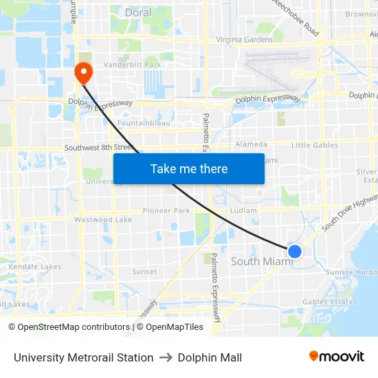 University Metrorail Station to Dolphin Mall map