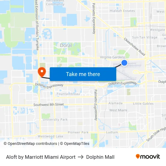 Aloft by Marriott Miami Airport to Dolphin Mall map