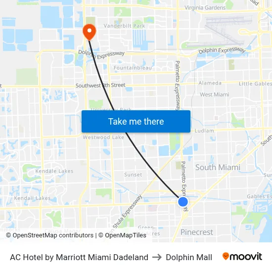 AC Hotel by Marriott Miami Dadeland to Dolphin Mall map
