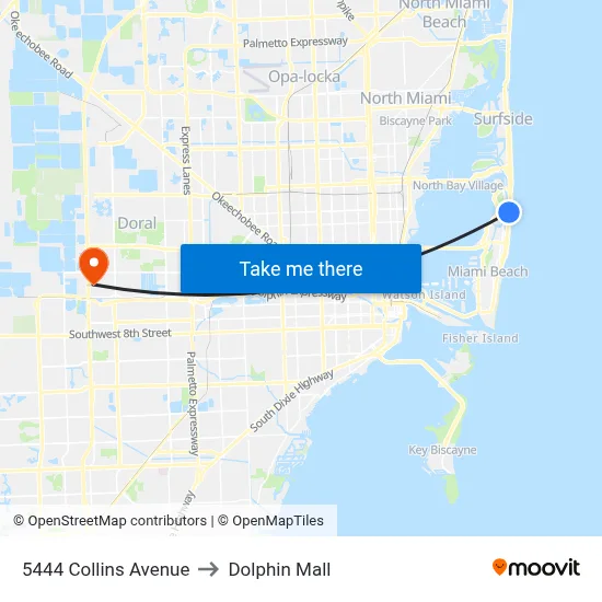 5444 Collins Avenue to Dolphin Mall map