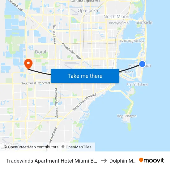 Tradewinds Apartment Hotel Miami Beach to Dolphin Mall map