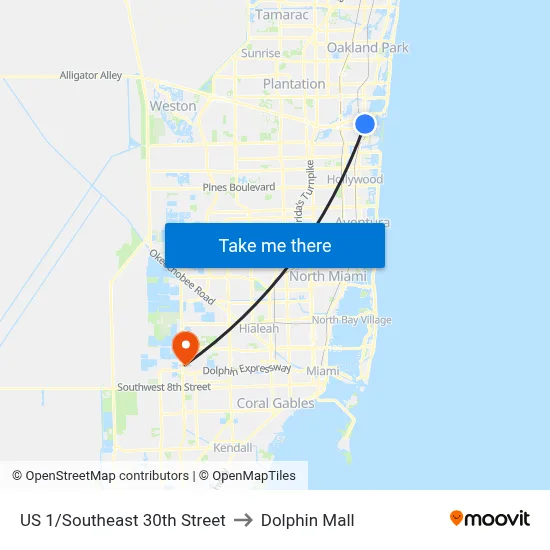 US 1/Southeast 30th Street to Dolphin Mall map